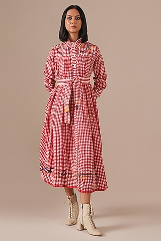 Red Handwoven Jamdani Tiered Shirt Dress by Indigo Dreams