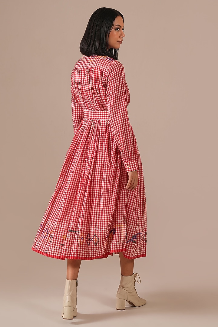 Red Handwoven Jamdani Tiered Vacation Shirt Dress by Indigo Dreams at Pernia's Pop Up Shop