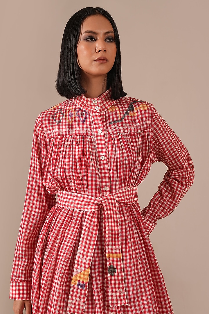 Red Handwoven Jamdani Tiered Vacation Shirt Dress by Indigo Dreams at Pernia's Pop Up Shop