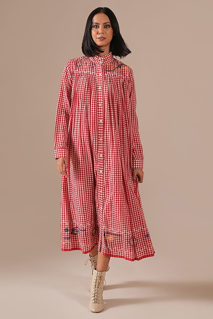 Red Handwoven Jamdani Tiered Vacation Shirt Dress by Indigo Dreams at Pernia's Pop Up Shop