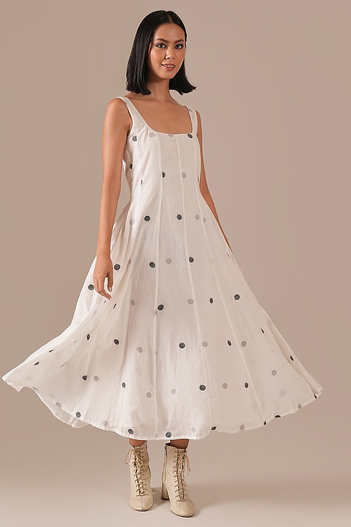 Ivory Handwoven Jamdani Strappy Flared Summer Dress by Indigo Dreams at Pernia's Pop Up Shop