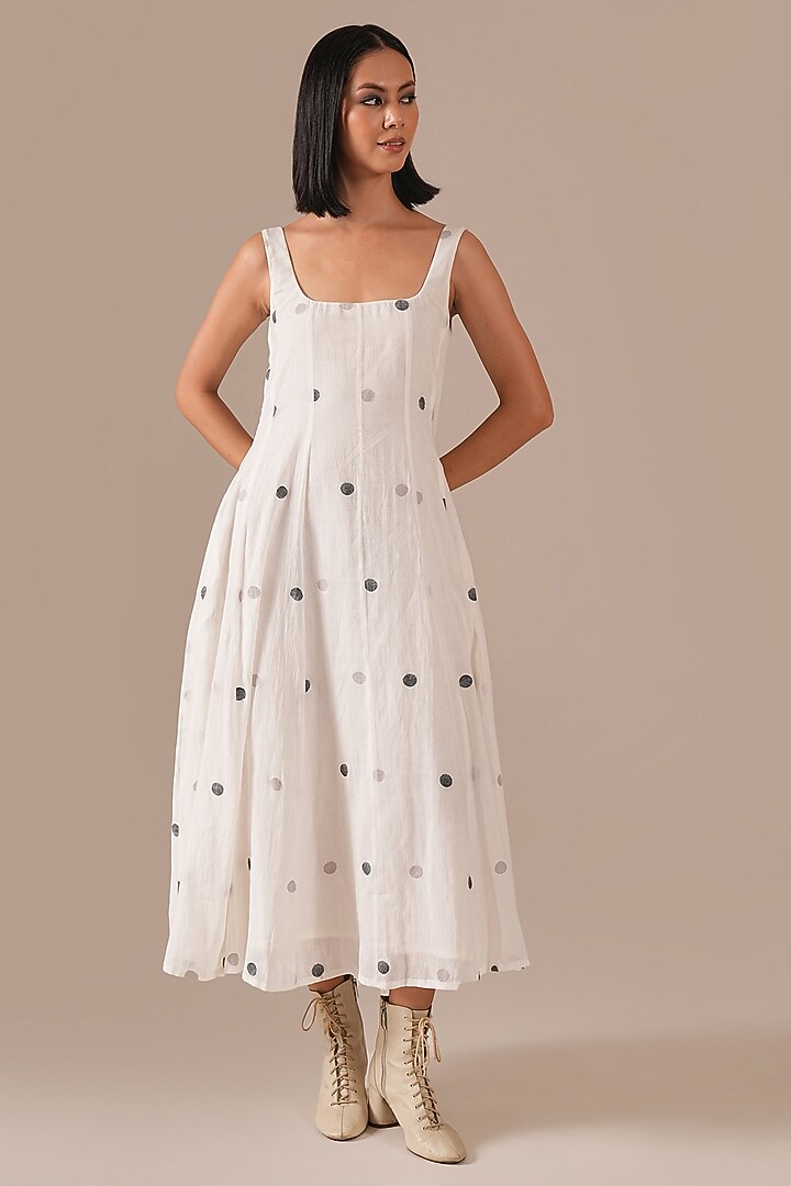 Ivory Handwoven Jamdani Strappy Flared Summer Dress by Indigo Dreams at Pernia's Pop Up Shop