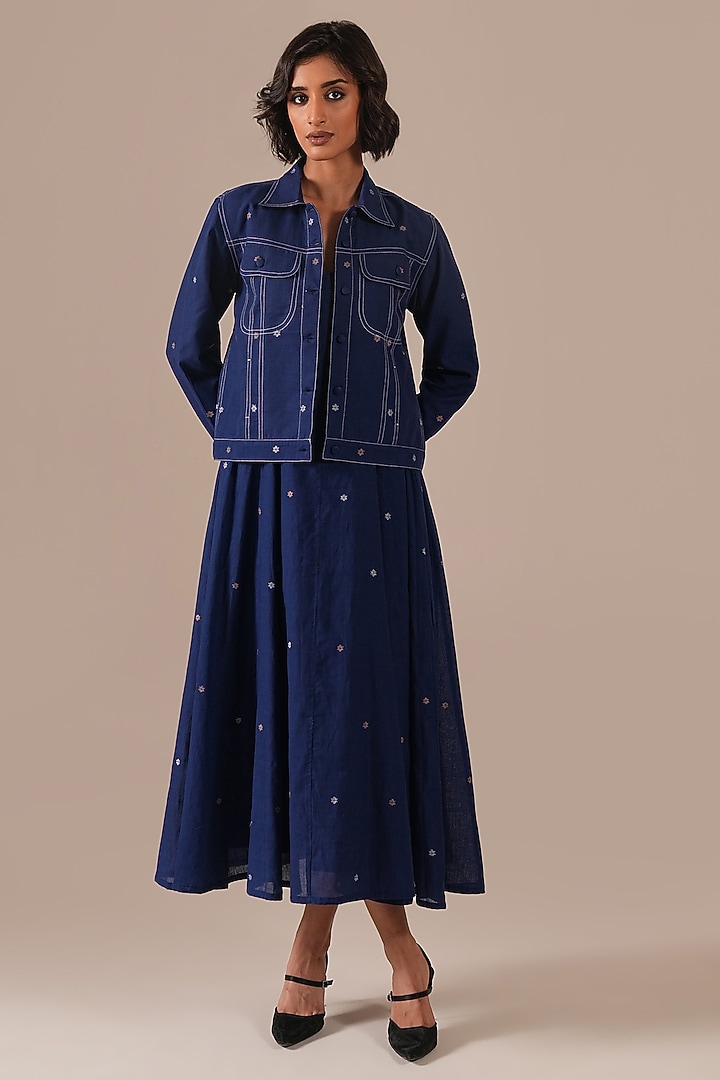 Blue Handwoven Jamdani Kalidar Jacket Vacation Dress by Indigo Dreams at Pernia's Pop Up Shop