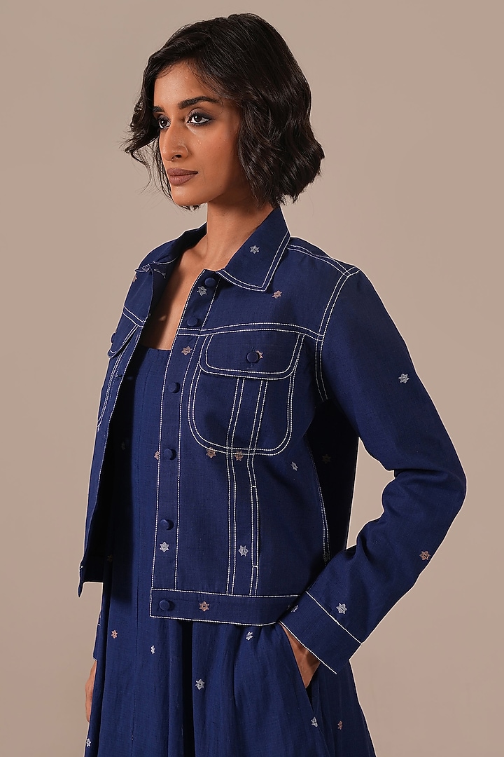 Blue Handwoven Jamdani Kalidar Jacket Vacation Dress by Indigo Dreams at Pernia's Pop Up Shop