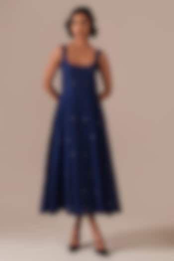 Blue Handwoven Jamdani Flared Summer Dress by Indigo Dreams at Pernia's Pop Up Shop