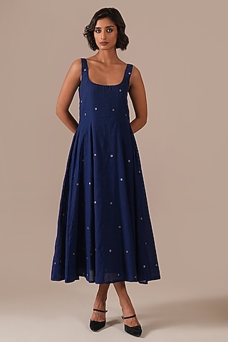 Blue Handwoven Jamdani Flared Dress by Indigo Dreams