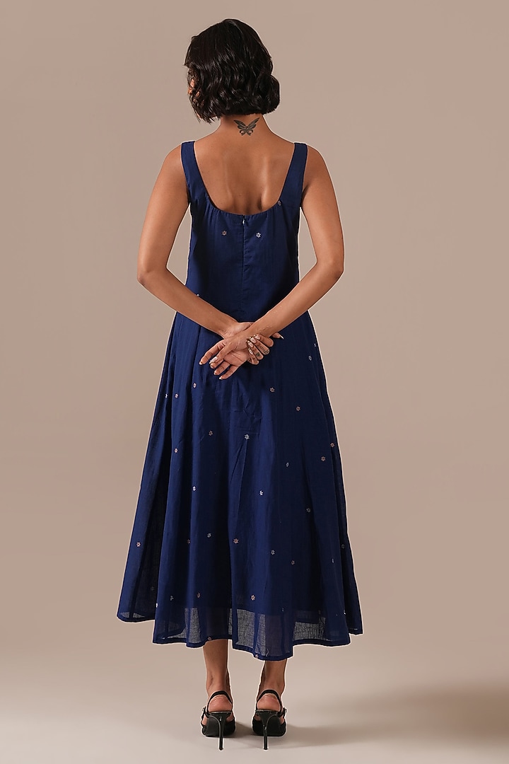 Blue Handwoven Jamdani Flared Summer Dress by Indigo Dreams at Pernia's Pop Up Shop