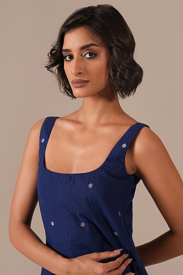 Blue Handwoven Jamdani Flared Summer Dress by Indigo Dreams at Pernia's Pop Up Shop