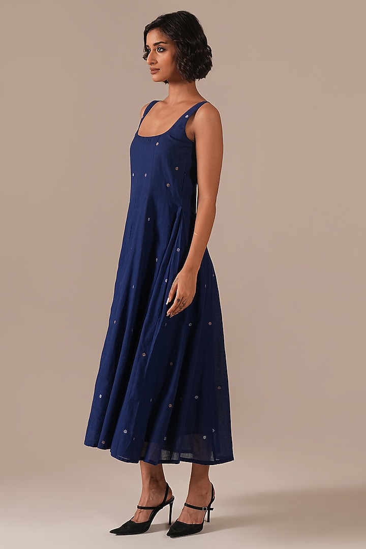 Blue Handwoven Jamdani Flared Summer Dress by Indigo Dreams at Pernia's Pop Up Shop