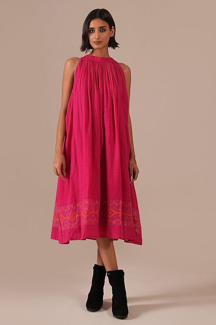 Red & Pink Handwoven Jamdani Halter Summer Dress by Indigo Dreams at Pernia's Pop Up Shop