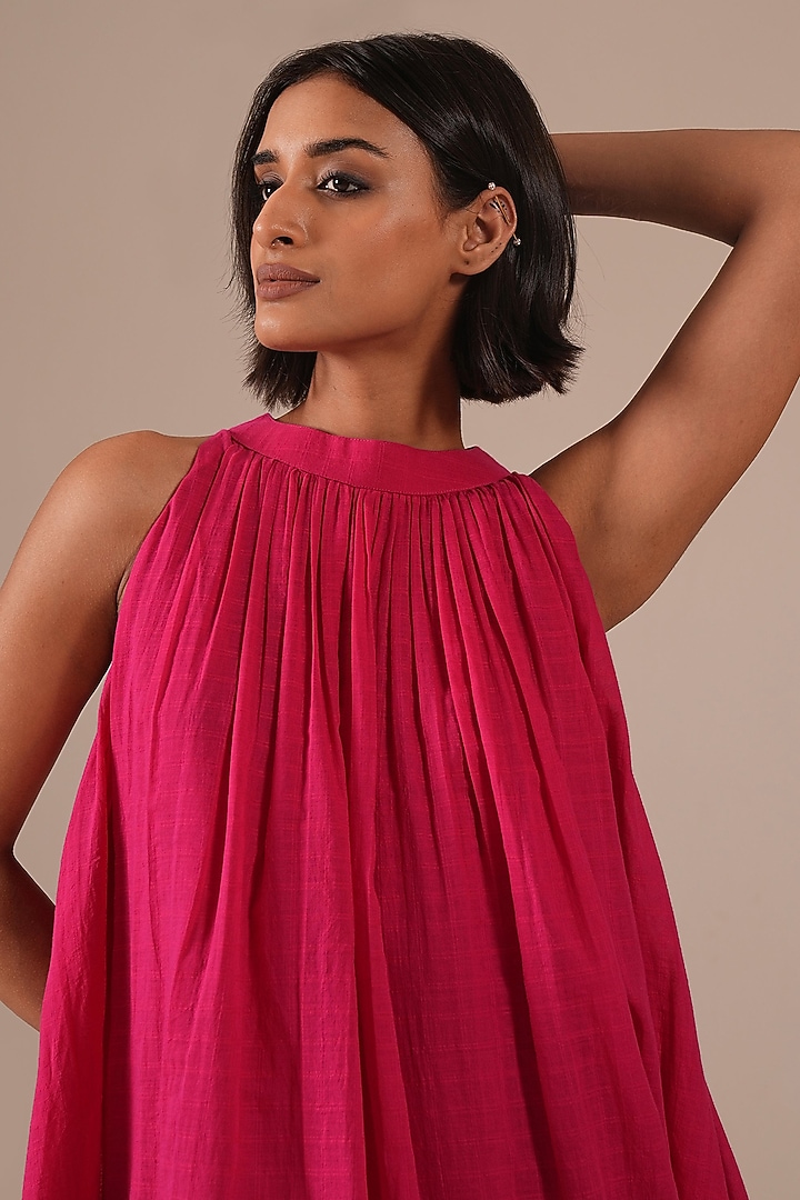 Red & Pink Handwoven Jamdani Halter Summer Dress by Indigo Dreams at Pernia's Pop Up Shop