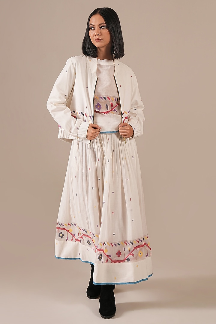 Ivory Handwoven Jamdani & Cotton Skirt Set by Indigo Dreams at Pernia's Pop Up Shop