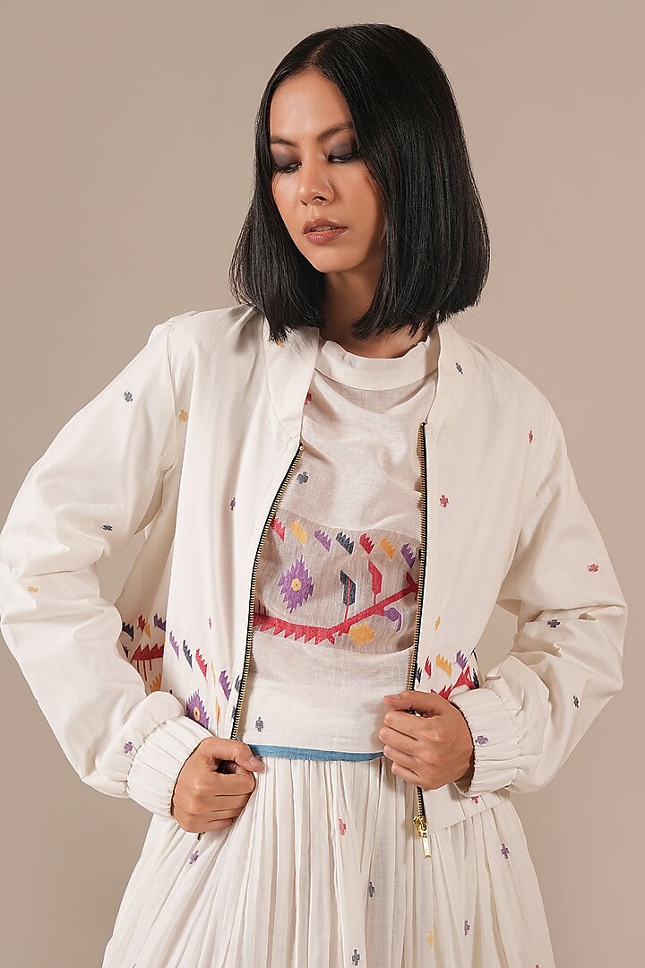 Ivory Handwoven Jamdani & Cotton Skirt Set by Indigo Dreams at Pernia's Pop Up Shop