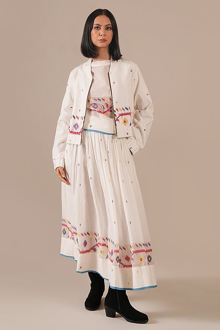 Ivory Handwoven Jamdani & Cotton Skirt Set by Indigo Dreams at Pernia's Pop Up Shop