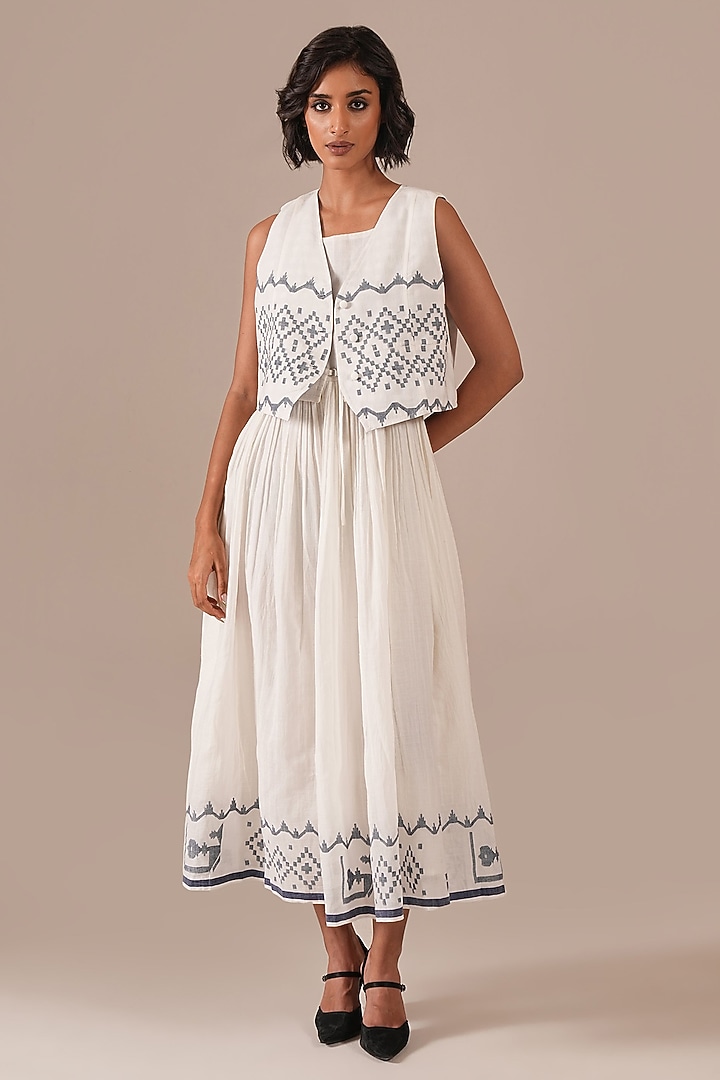 Ivory Handwoven Jamdani & Cotton Flared Jacket Vacation Dress by Indigo Dreams at Pernia's Pop Up Shop