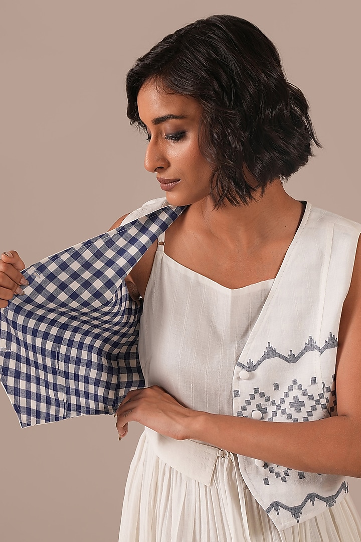 Ivory Handwoven Jamdani & Cotton Flared Jacket Vacation Dress by Indigo Dreams at Pernia's Pop Up Shop