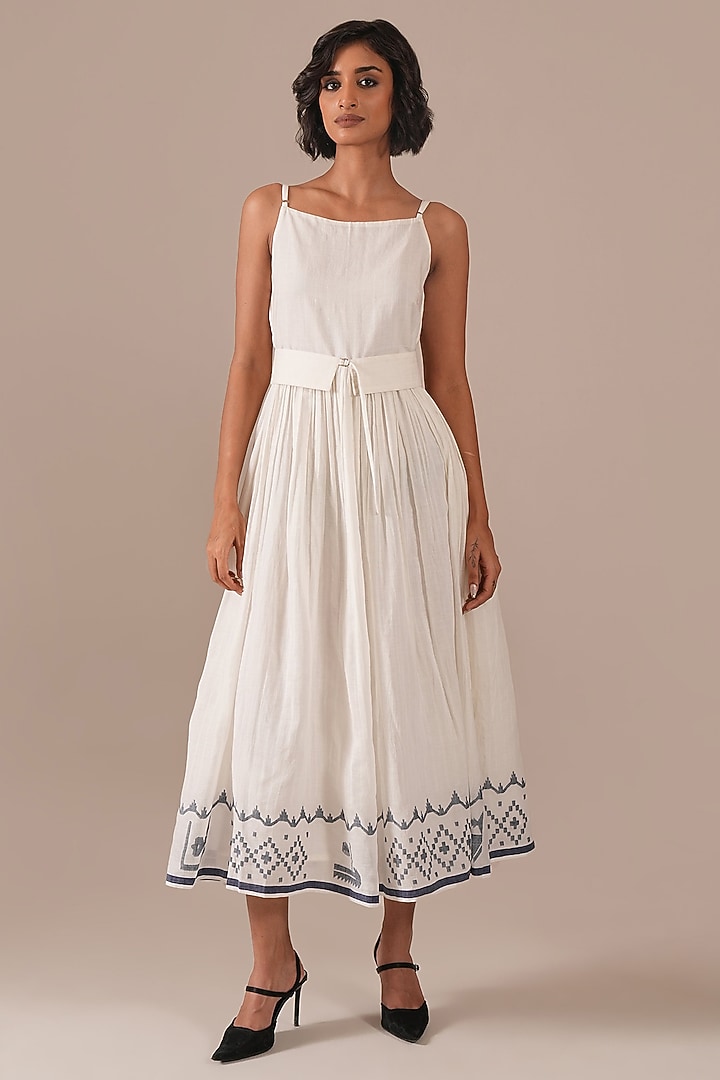 Ivory Handwoven Jamdani & Cotton Flared Summer Dress by Indigo Dreams at Pernia's Pop Up Shop