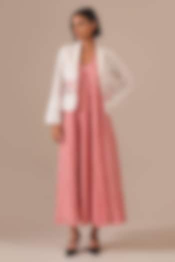 Red Handwoven Jamdani & Cotton Maxi Vacation Dress With Jacket by Indigo Dreams at Pernia's Pop Up Shop
