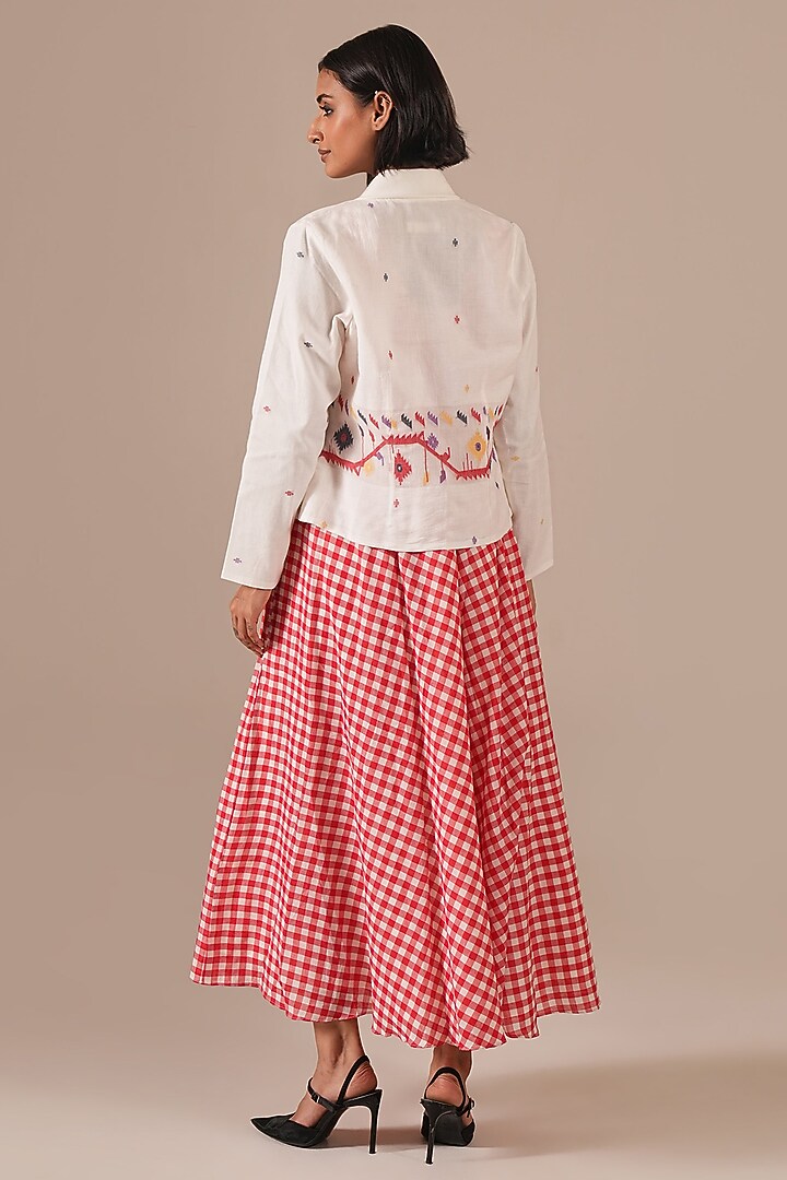 Red Handwoven Jamdani & Cotton Maxi Vacation Dress With Jacket by Indigo Dreams at Pernia's Pop Up Shop