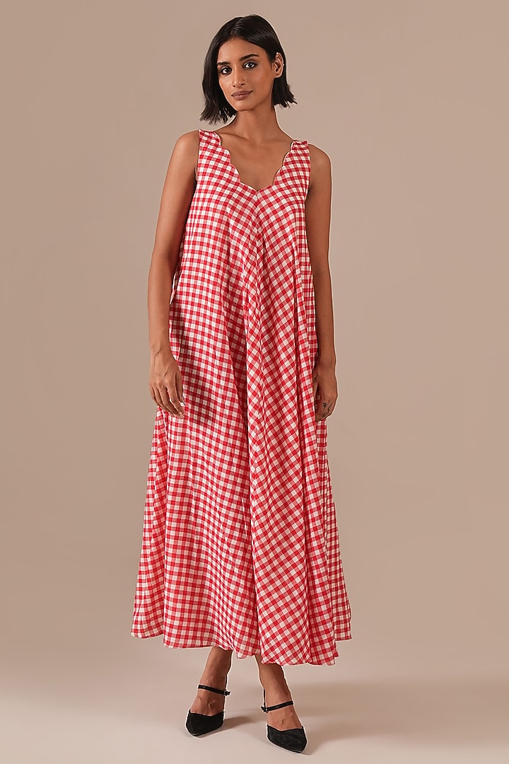 Red Handwoven Jamdani & Cotton Maxi Summer Dress by Indigo Dreams at Pernia's Pop Up Shop