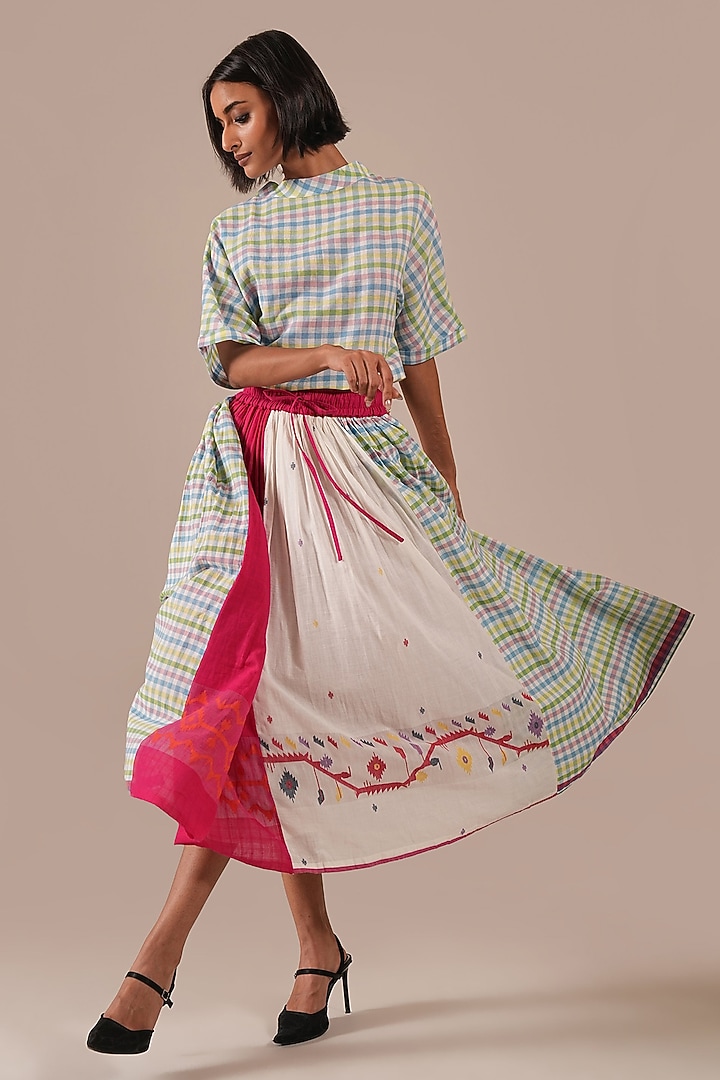 Ivory & Green Handwoven Jamdani Skirt Set by Indigo Dreams at Pernia's Pop Up Shop