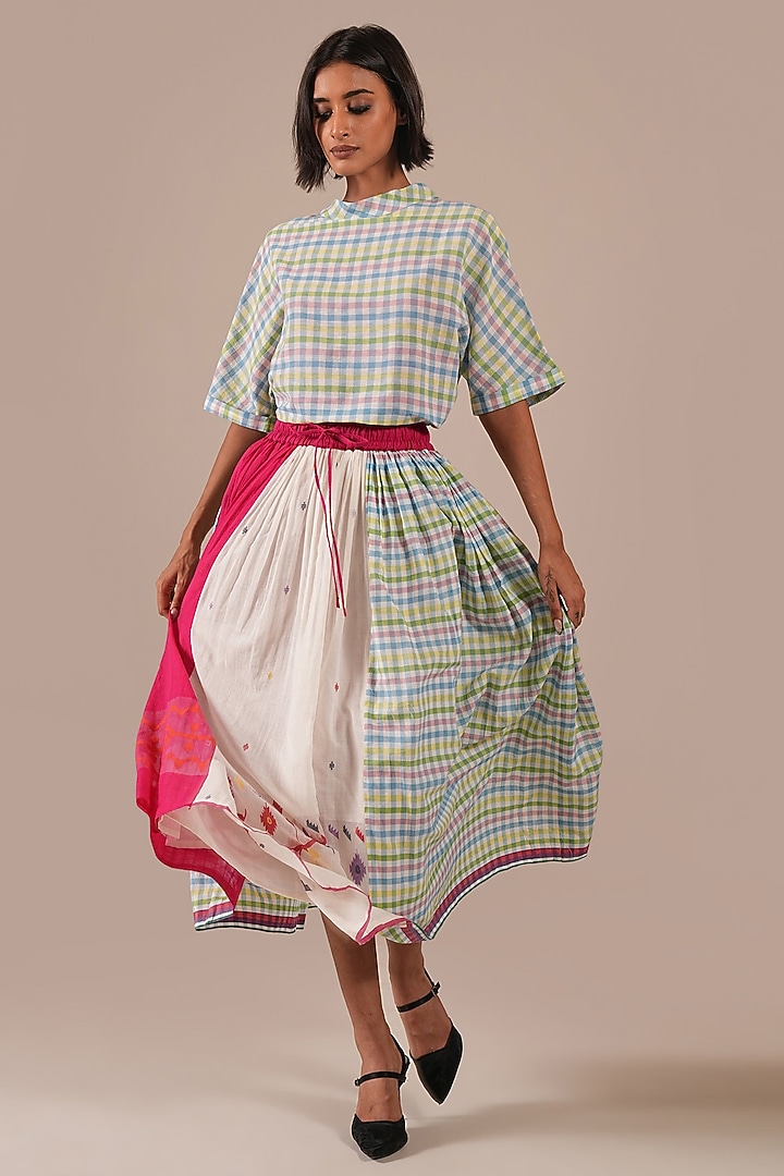 Ivory & Green Handwoven Jamdani Skirt Set by Indigo Dreams at Pernia's Pop Up Shop