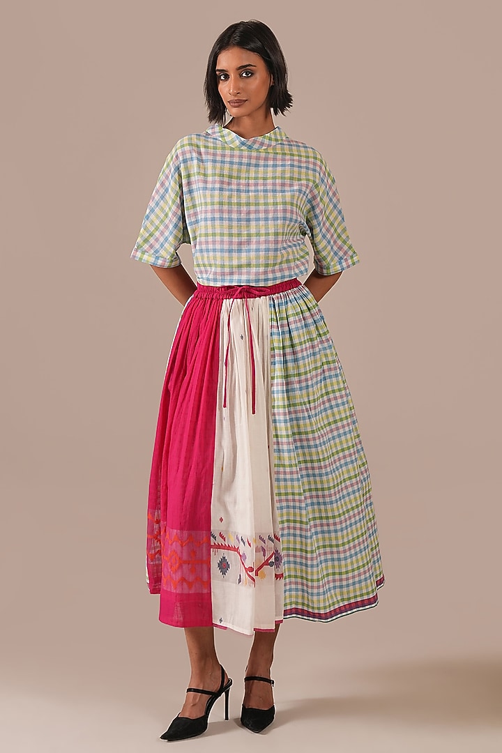 Ivory & Green Handwoven Jamdani Skirt Set by Indigo Dreams at Pernia's Pop Up Shop