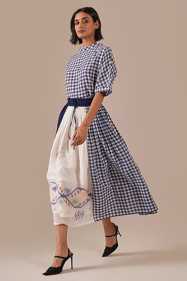 Ivory & Blue Handwoven Jamdani Skirt Set by Indigo Dreams at Pernia's Pop Up Shop