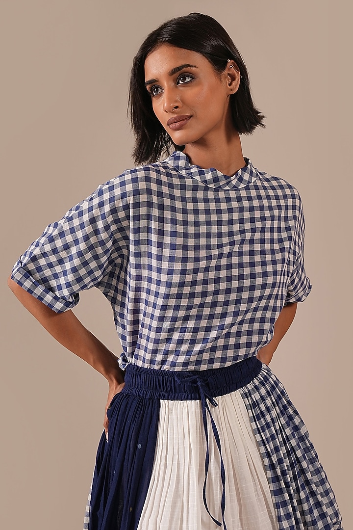 Ivory & Blue Handwoven Jamdani Skirt Set by Indigo Dreams at Pernia's Pop Up Shop