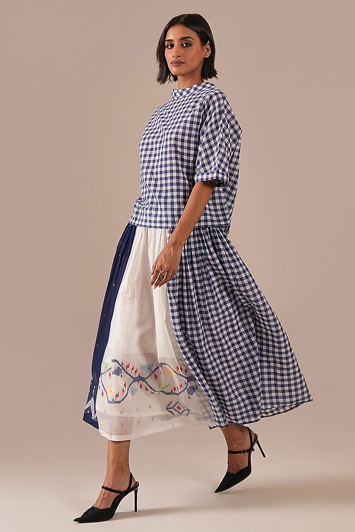 Ivory & Blue Handwoven Jamdani Skirt Set by Indigo Dreams at Pernia's Pop Up Shop
