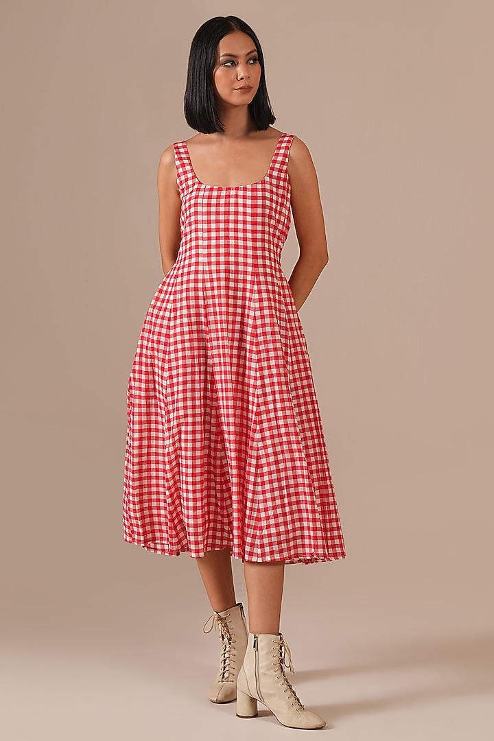 Red Handwoven Jamdani Midi Summer Dress by Indigo Dreams at Pernia's Pop Up Shop