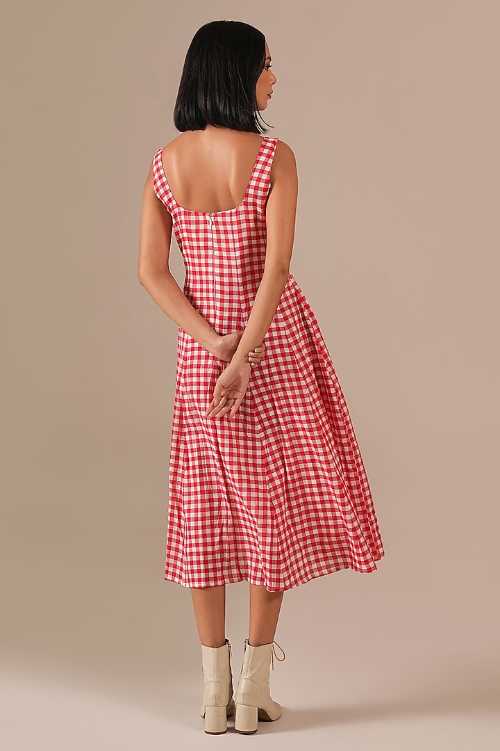 Red Handwoven Jamdani Midi Summer Dress by Indigo Dreams at Pernia's Pop Up Shop