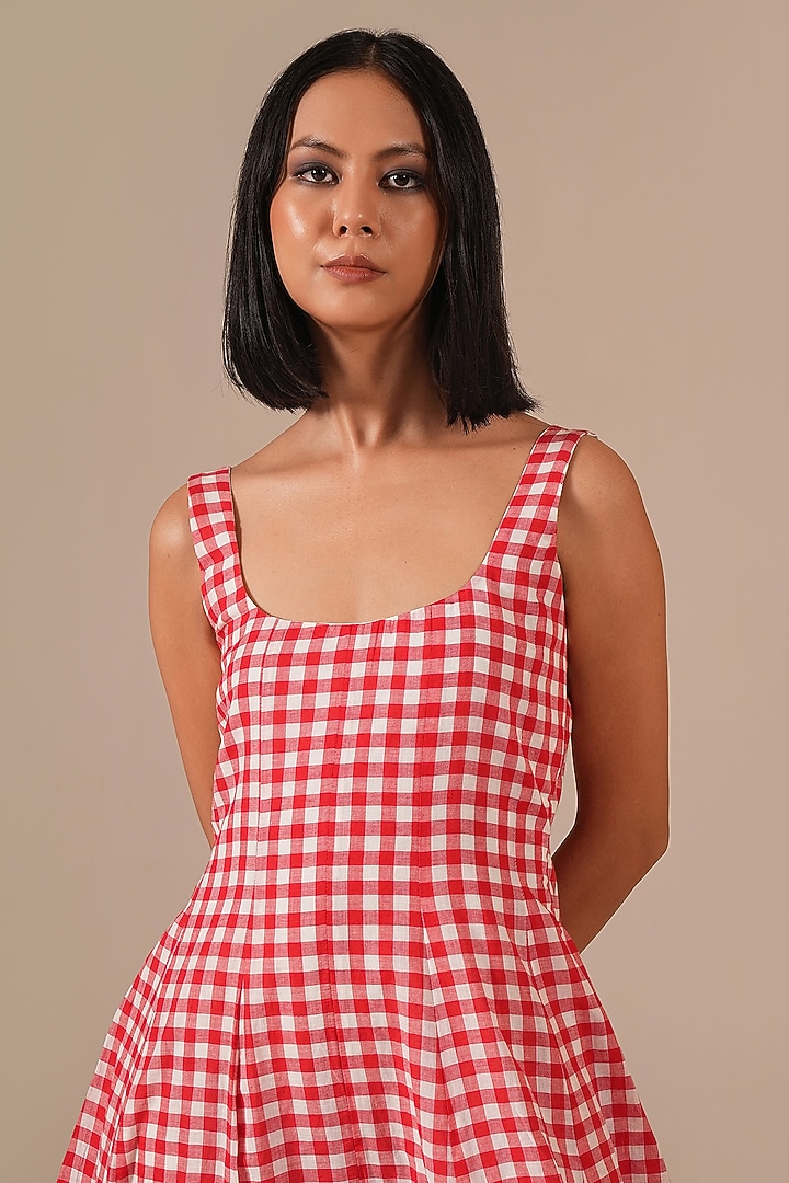 Red Handwoven Jamdani Midi Summer Dress by Indigo Dreams at Pernia's Pop Up Shop