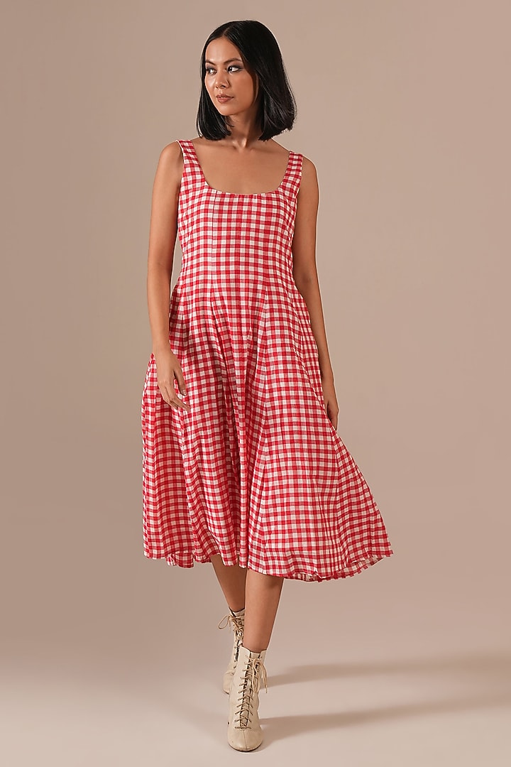 Red Handwoven Jamdani Midi Summer Dress by Indigo Dreams at Pernia's Pop Up Shop