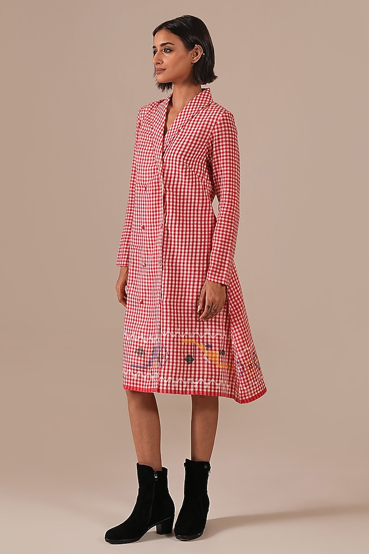 Red Handwoven Jamdani Jacket Summer Dress by Indigo Dreams at Pernia's Pop Up Shop