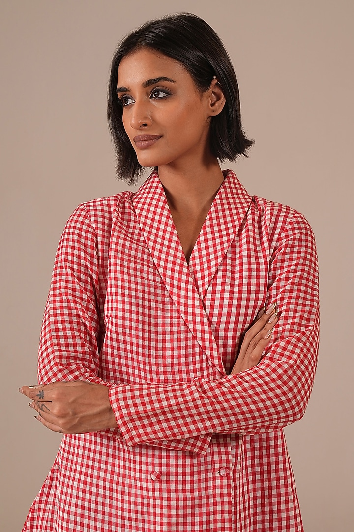 Red Handwoven Jamdani Jacket Summer Dress by Indigo Dreams at Pernia's Pop Up Shop