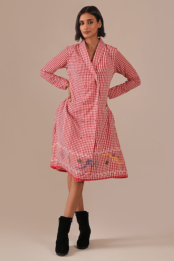 Red Handwoven Jamdani Jacket Summer Dress by Indigo Dreams at Pernia's Pop Up Shop