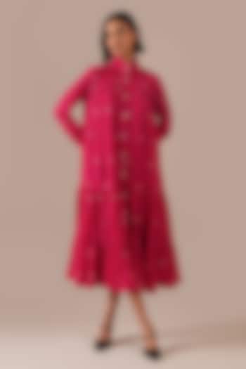Red Handwoven Jamdani Tiered Summer Shirt Dress by Indigo Dreams at Pernia's Pop Up Shop