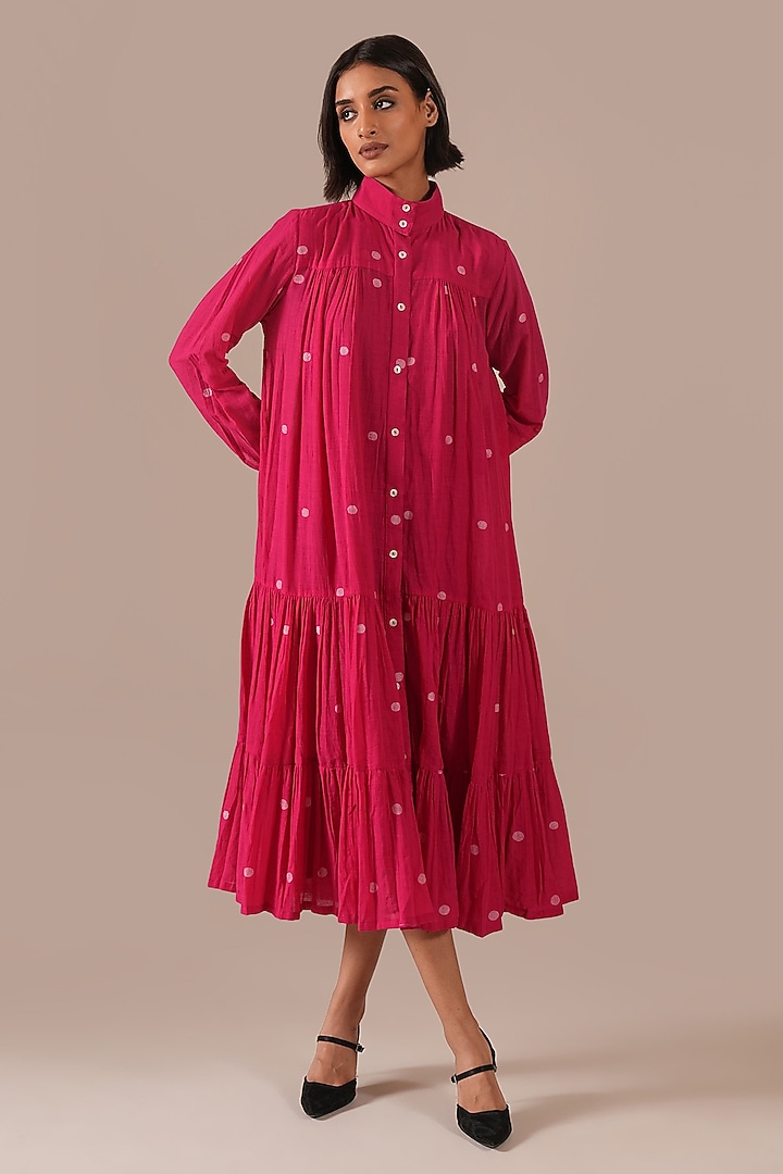 Red Handwoven Jamdani Tiered Summer Shirt Dress by Indigo Dreams at Pernia's Pop Up Shop
