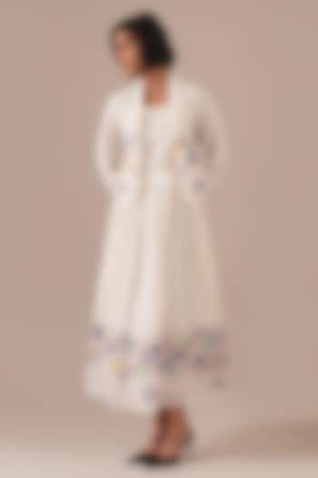 Ivory Cotton & Handwoven Jamdani Flared Jacket Vacation Dress by Indigo Dreams at Pernia's Pop Up Shop