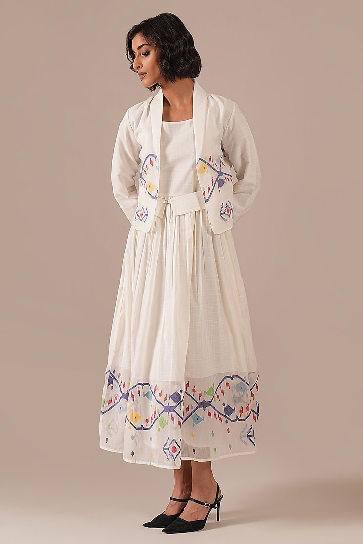 Ivory Cotton & Handwoven Jamdani Flared Jacket Vacation Dress by Indigo Dreams at Pernia's Pop Up Shop