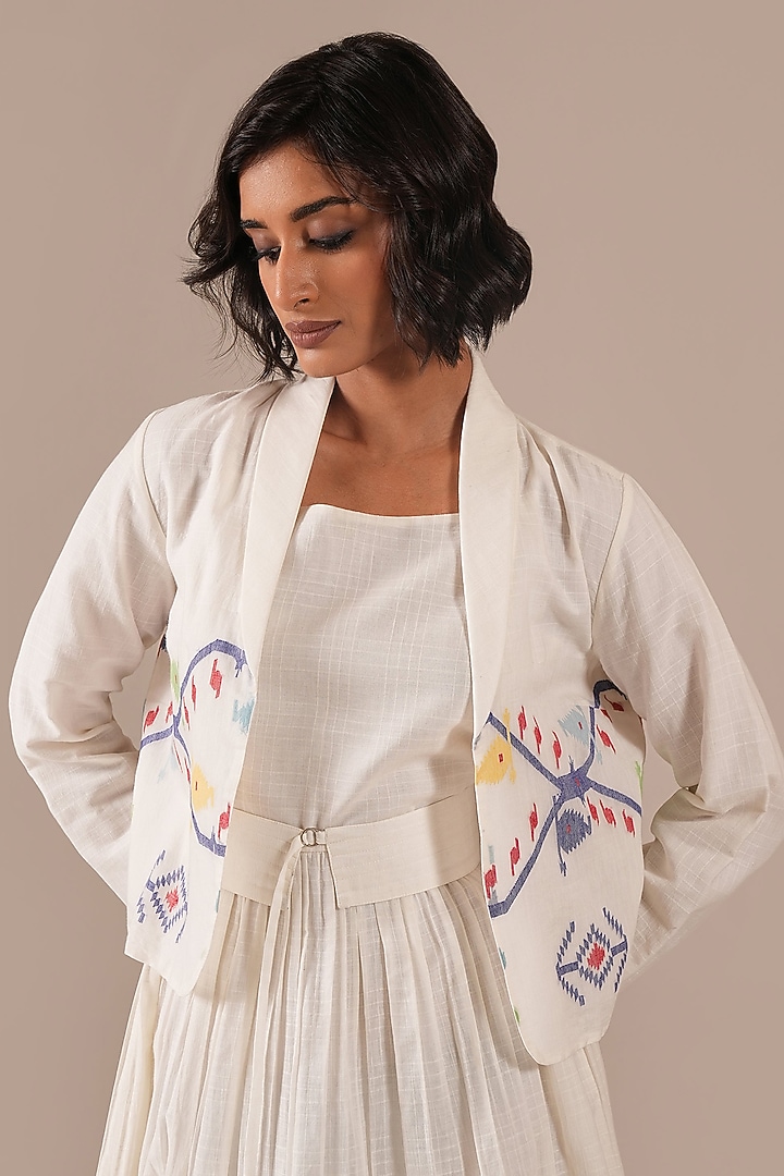 Ivory Cotton & Handwoven Jamdani Flared Jacket Vacation Dress by Indigo Dreams at Pernia's Pop Up Shop