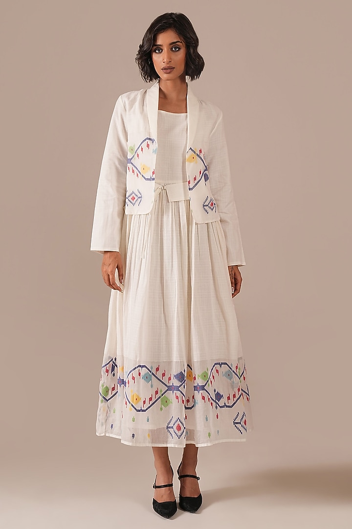 Ivory Cotton & Handwoven Jamdani Flared Jacket Vacation Dress by Indigo Dreams at Pernia's Pop Up Shop