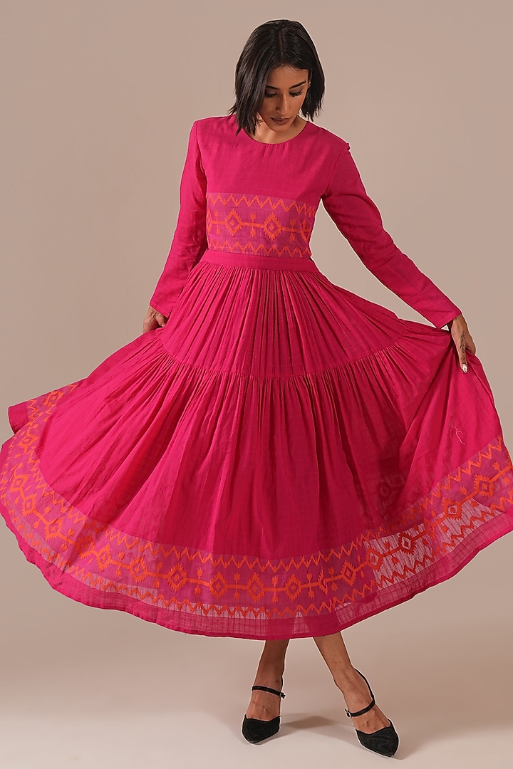 Red & Pink Handwoven Jamdani Midi Vacation Dress by Indigo Dreams at Pernia's Pop Up Shop
