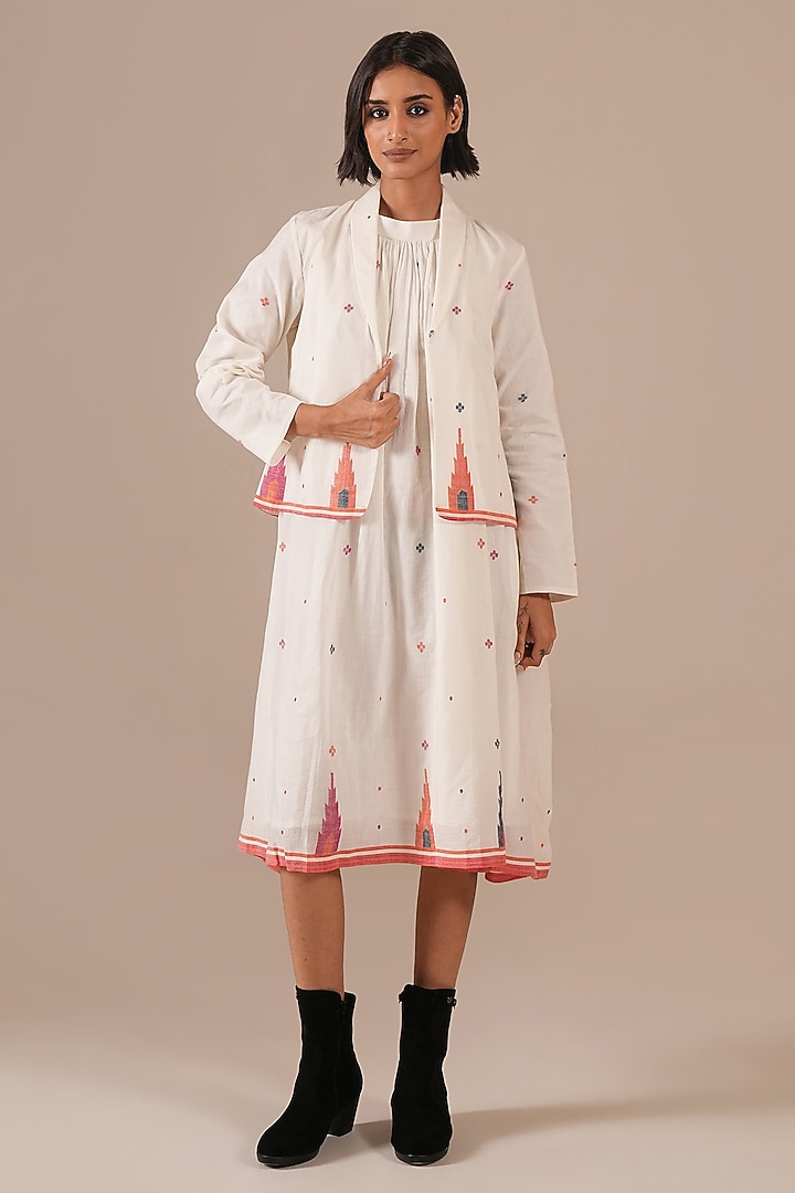 Ivory Cotton & Handwoven Gathered Vacation Dress With Jacket by Indigo Dreams at Pernia's Pop Up Shop