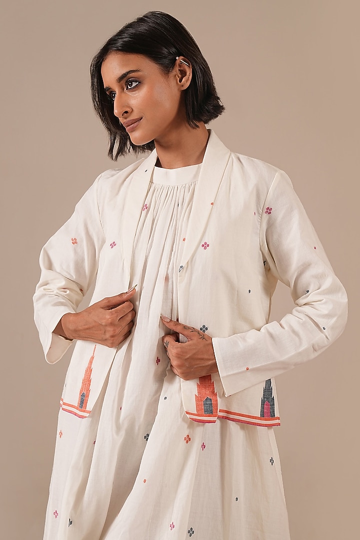 Ivory Cotton & Handwoven Gathered Vacation Dress With Jacket by Indigo Dreams at Pernia's Pop Up Shop
