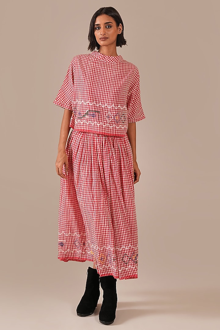Red Cotton & Handwoven Jamdani Skirt Set by Indigo Dreams at Pernia's Pop Up Shop