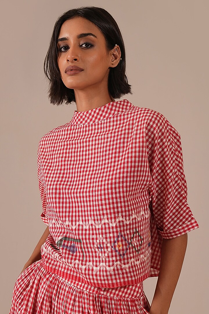 Red Cotton & Handwoven Jamdani Skirt Set by Indigo Dreams at Pernia's Pop Up Shop