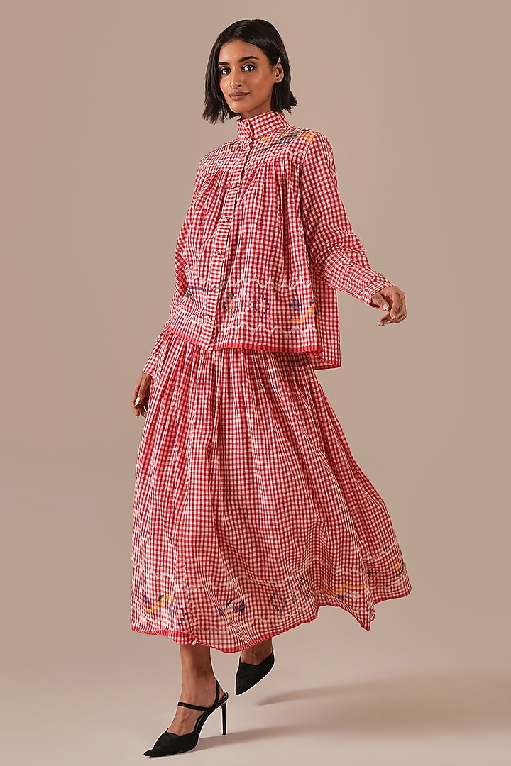 Red Cotton & Handwoven Jamdani Skirt Set by Indigo Dreams at Pernia's Pop Up Shop