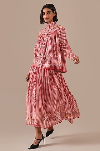 Red Cotton & Handwoven Jamdani Skirt Set by Indigo Dreams